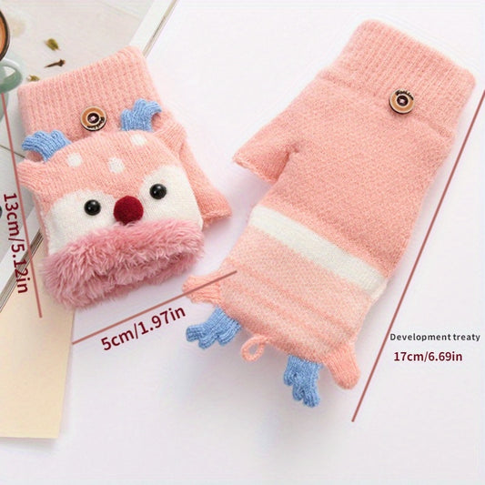 Kids Christmas Deer Gloves Warm Half Finger Cartoon Knitted Gloves