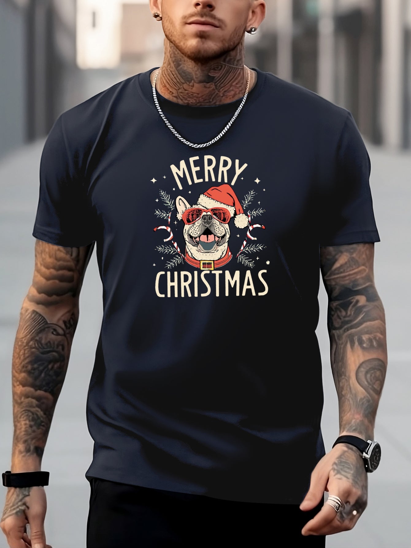 Christmas Pug Print Men's Graphic Crew Neck T-shirt for Summer