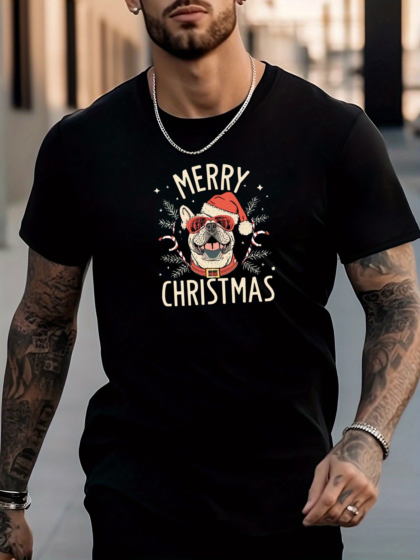 Christmas Pug Print Men's Graphic Crew Neck T-shirt for Summer