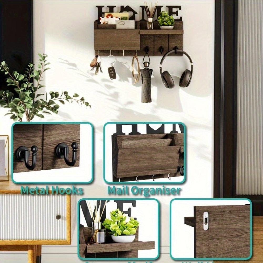 Decorative Key Holder With 7 Hooks and Mail Organizer