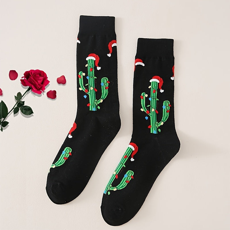 Men's Crew Socks Cactus Christmas Hat Pattern Soft Deodorant