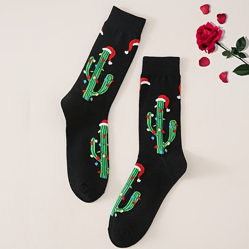 Men's Crew Socks Cactus Christmas Hat Pattern Soft Deodorant