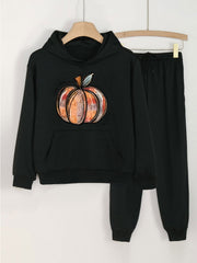 2pcs Pumpkin Print Hoodies Jogger Pants Set For Girls Fall Christmas