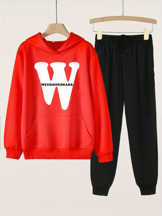 2pcs W Letter Print Hoodies With Pocket Jogger Pants Set For Girls