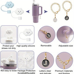 2pcs ID Initial Letter Charm & 2pcs Cloud Straw Plugs Bottle Decorative Pendant