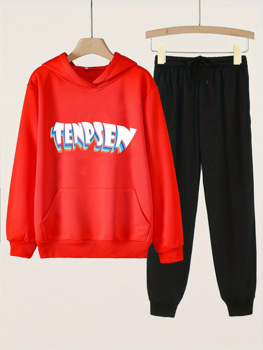 Letter Print Hoodie & Jogger Pants Set For Girls