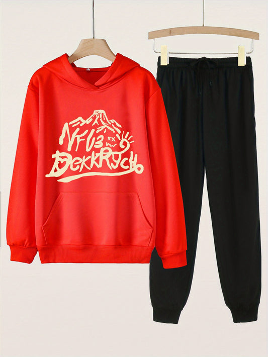 2pcs Mountain & Letter Print Hoodies With Jogger Pants Set For Girls