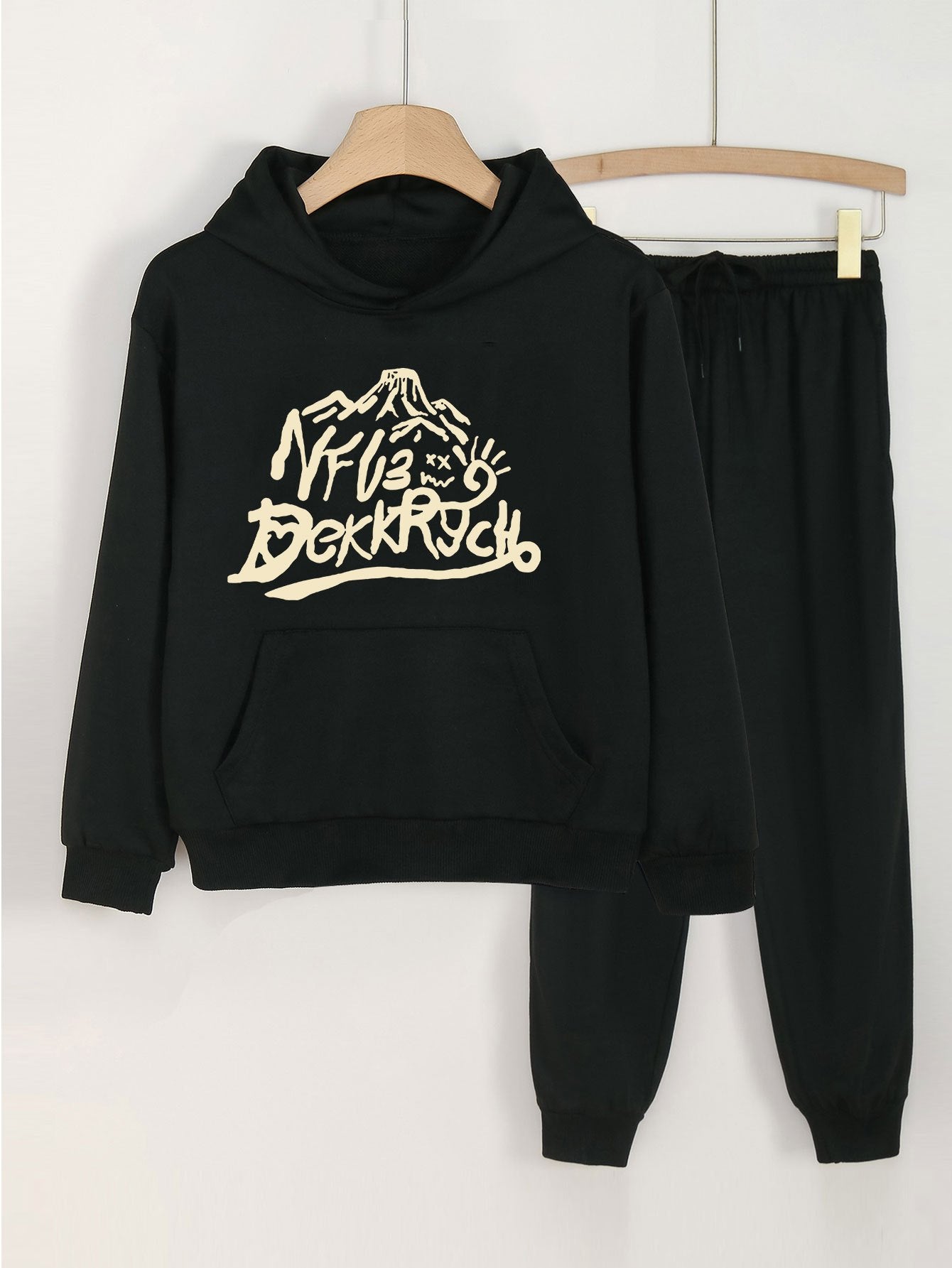 2pcs Mountain & Letter Print Hoodies With Jogger Pants Set For Girls