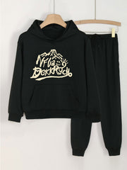 2pcs Mountain & Letter Print Hoodies With Jogger Pants Set For Girls