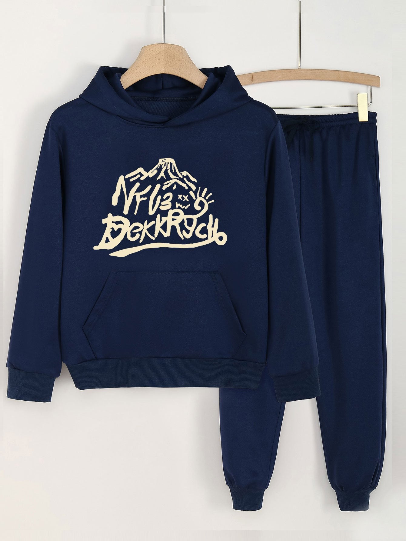 2pcs Mountain & Letter Print Hoodies With Jogger Pants Set For Girls