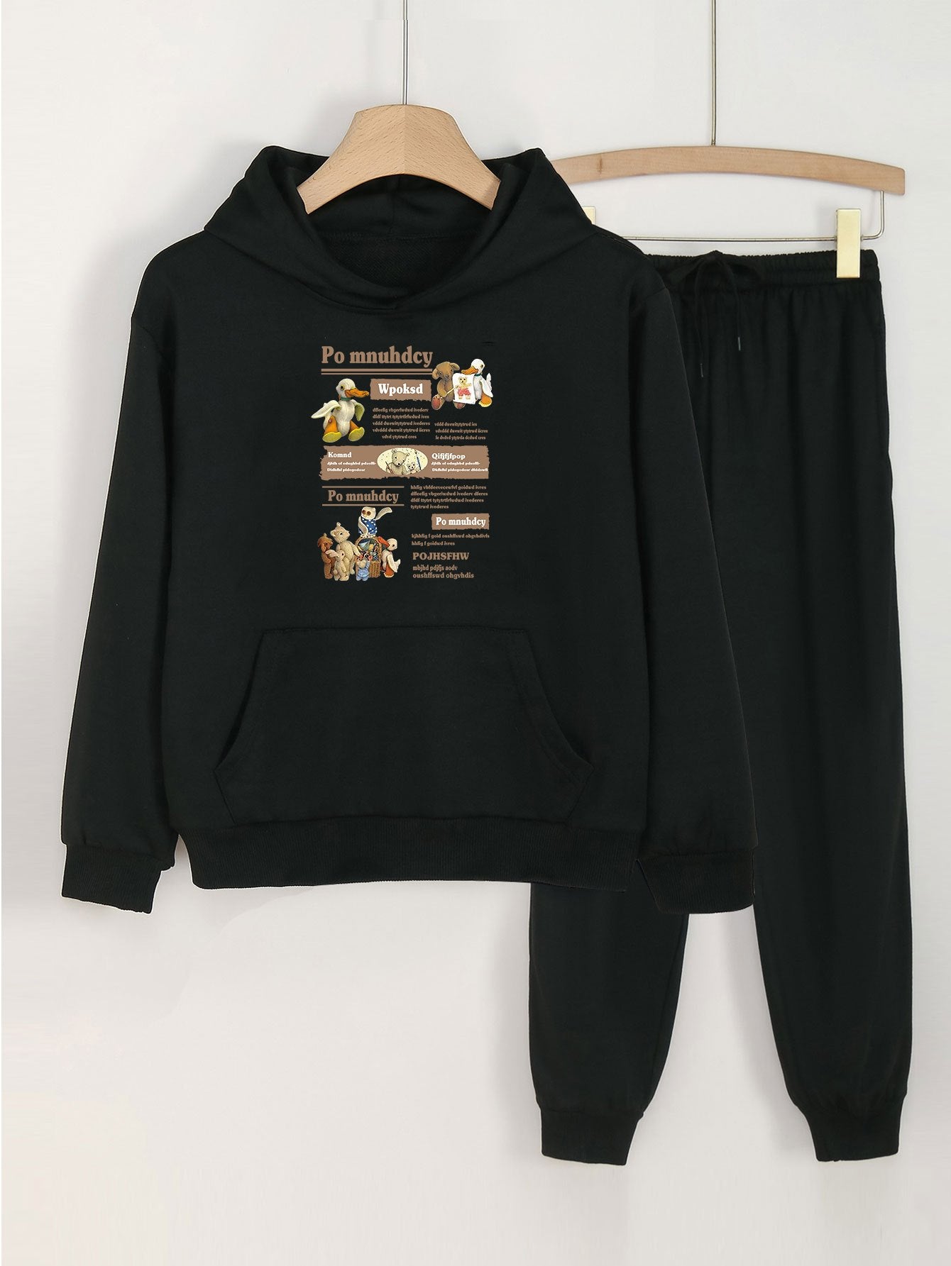 2pcs Cartoon Print Hoodies with Jogger Pants Set For Girls