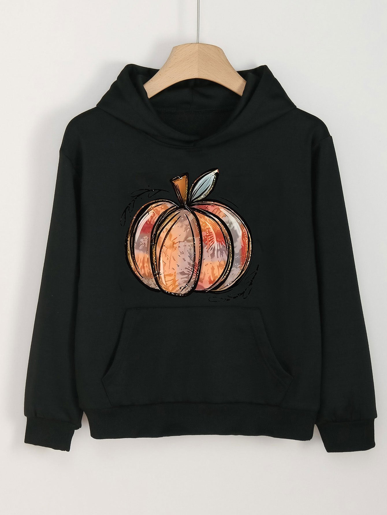 Pumpkin Doodle Print Hoodie Kids Pullover Long Sleeve Top