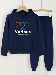 Girls Heart Print Hoodie & Sweatpants Set for Spring/Autumn