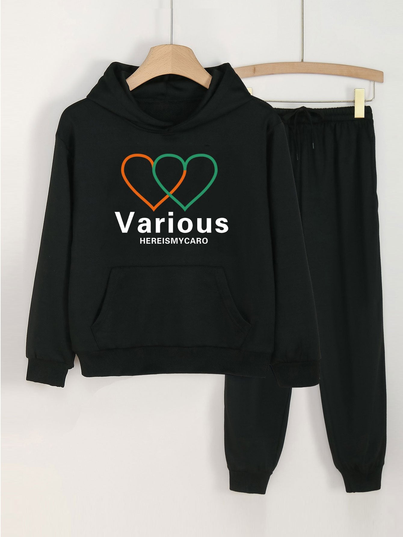 Girls Heart Print Hoodie & Sweatpants Set for Spring/Autumn