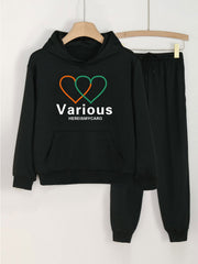 Girls Heart Print Hoodie & Sweatpants Set for Spring/Autumn