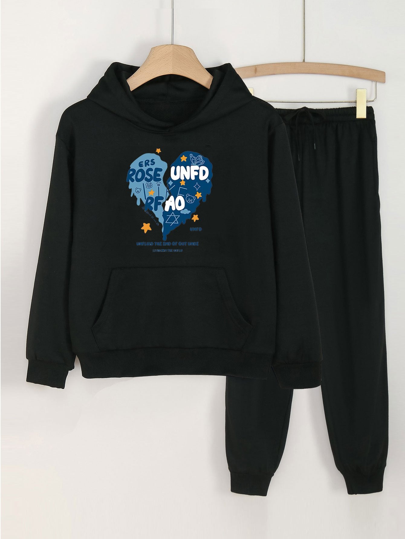 Girls Broken Heart Print Hoodie & Sweatpants Set for Spring/Autumn