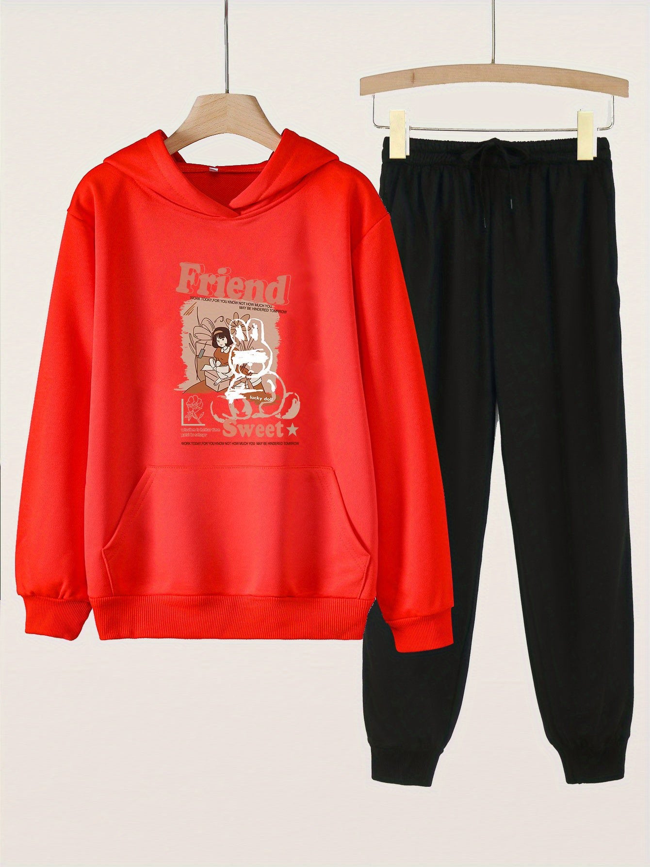 2pcs Bunny & Girl Print Hooded Outfit For Girls