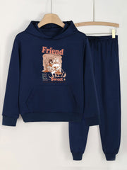 2pcs Bunny & Girl Print Hooded Outfit For Girls