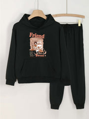 2pcs Bunny & Girl Print Hooded Outfit For Girls