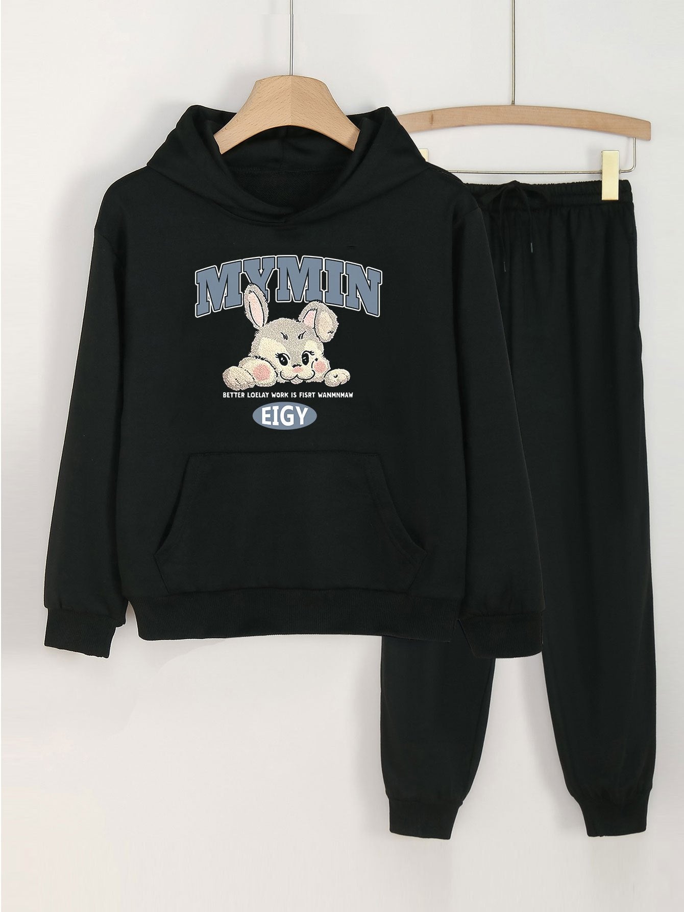 Girls Rabbit Print Hoodie & Sweatpants Set for Spring and Autumn