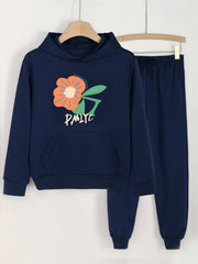 Girls Flower Print Hoodie & Sweatpants Set for Spring & Autumn