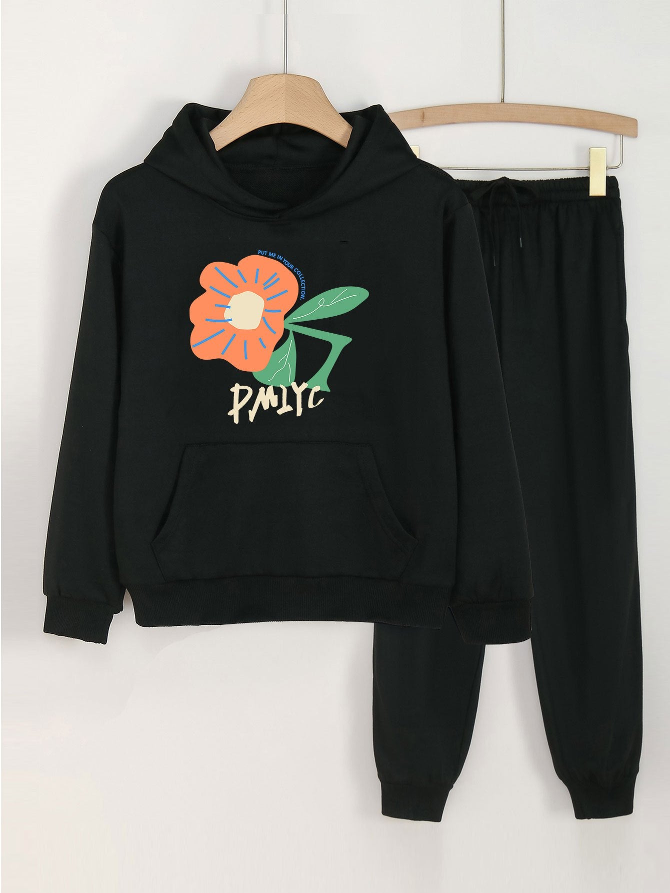 Girls Flower Print Hoodie & Sweatpants Set for Spring & Autumn