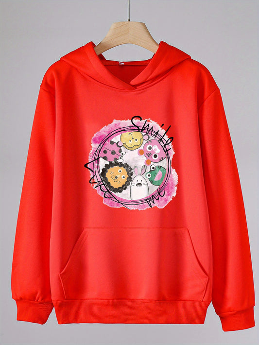 Cartoon Animals Print Hoodie For Girls Kids Casual Pullover
