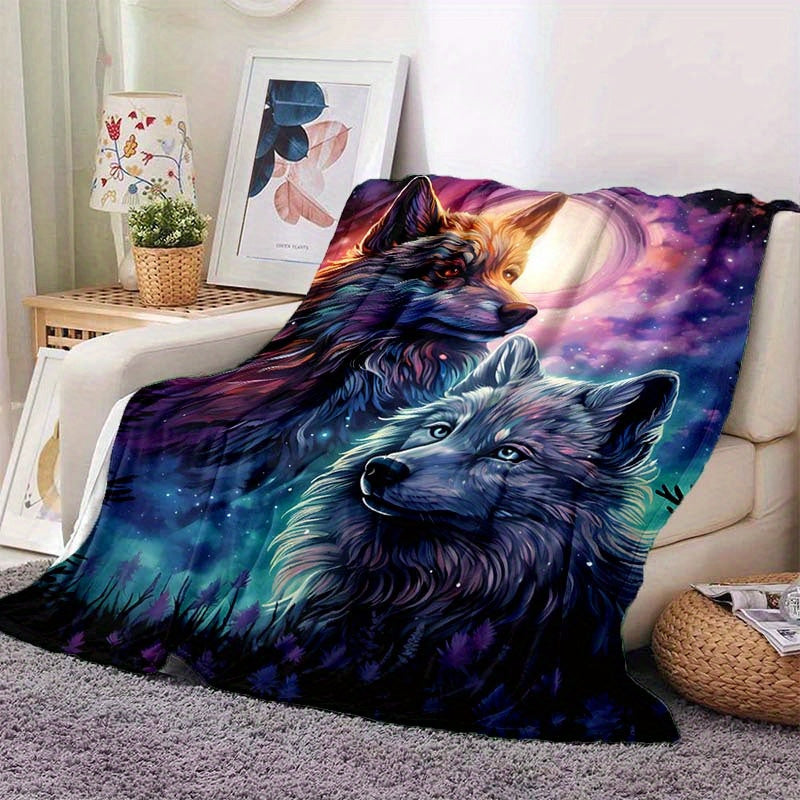 Colorful Wolf Pattern Camping Thin Blanket Lightweight Flannel Throw