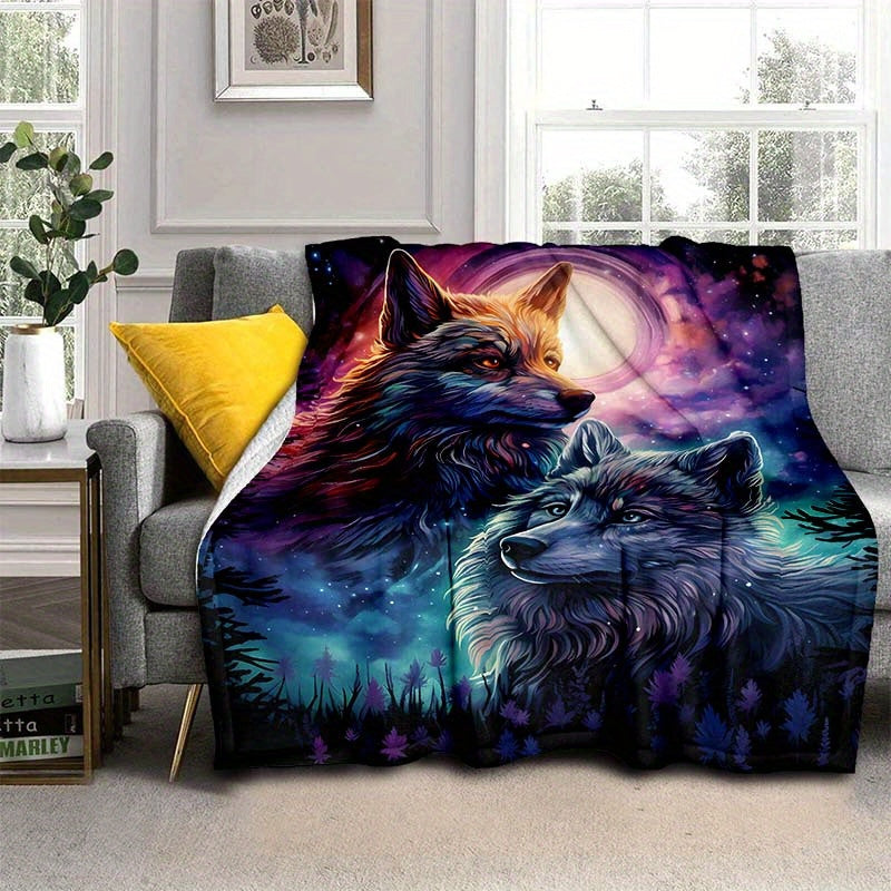 Colorful Wolf Pattern Camping Thin Blanket Lightweight Flannel Throw