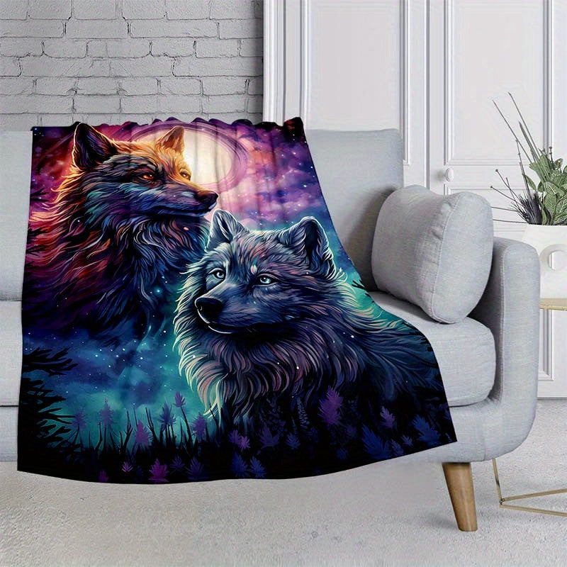 Colorful Wolf Pattern Camping Thin Blanket Lightweight Flannel Throw
