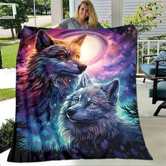 Colorful Wolf Pattern Camping Thin Blanket Lightweight Flannel Throw