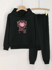 Graffiti Heart Print Hooded Outfit for Girls - Hoodie & Pants Set
