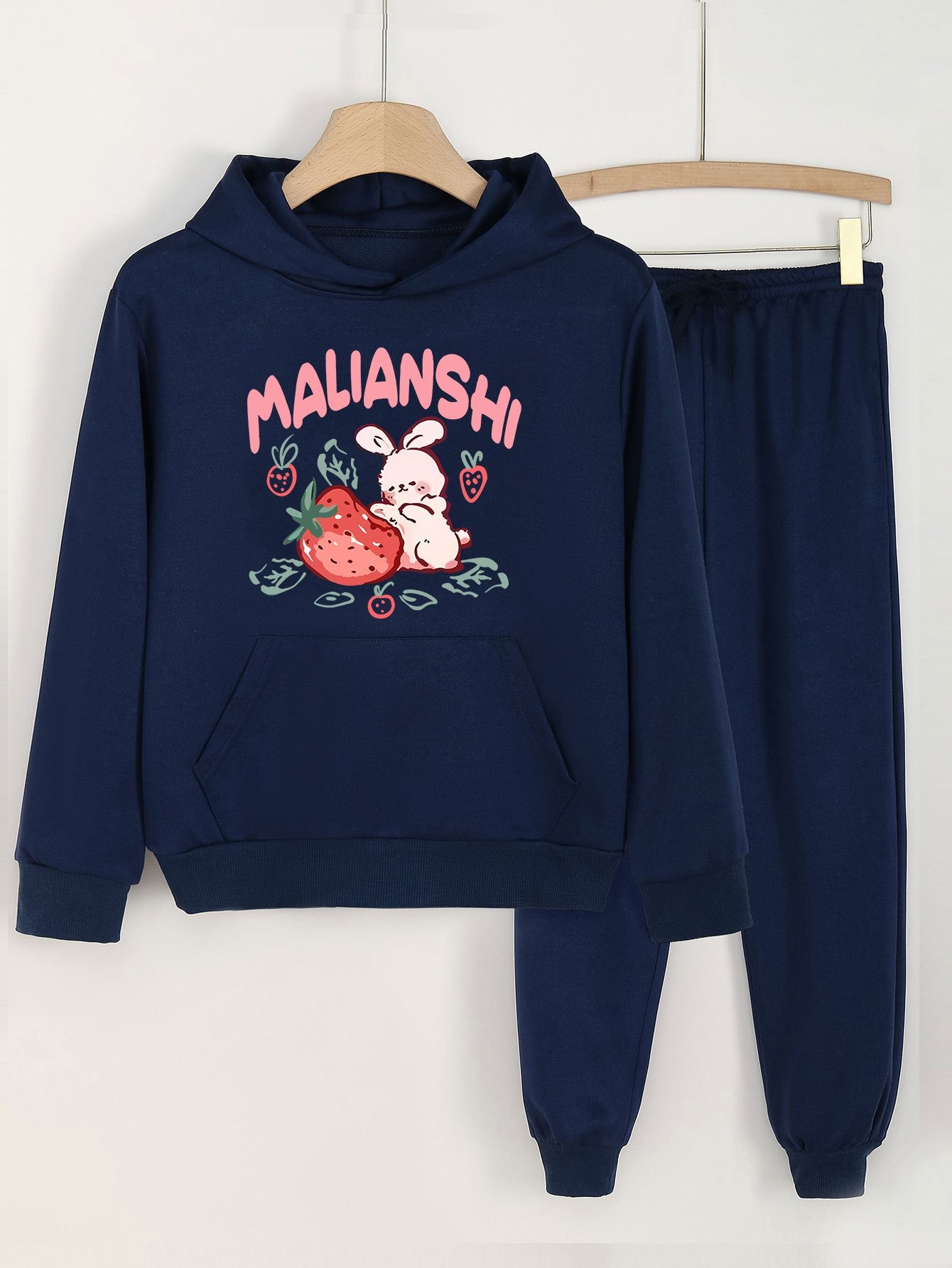 2pcs Bunny & Strawberry Print Hooded Outfit For Girls