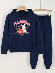 2pcs Bunny & Strawberry Print Hooded Outfit For Girls