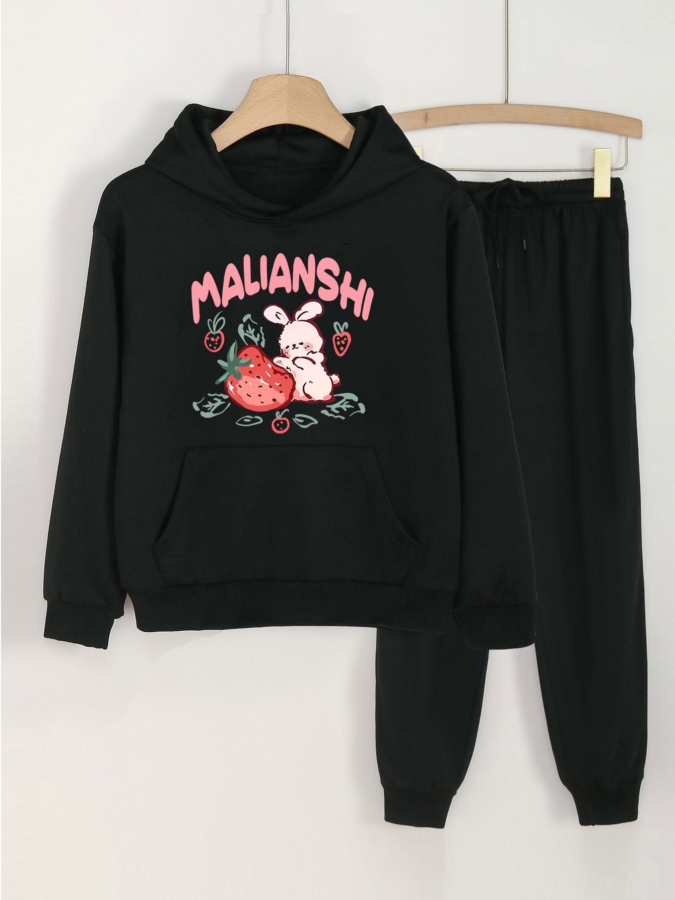 2pcs Bunny & Strawberry Print Hooded Outfit For Girls