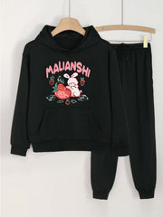 2pcs Bunny & Strawberry Print Hooded Outfit For Girls