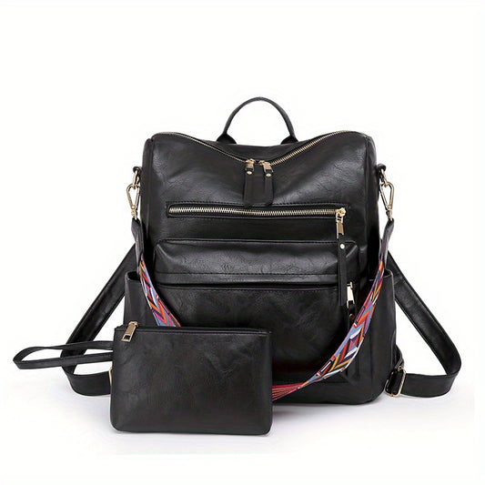 Retro Style PU Leather Backpack Set, Geometric Wide Strap, Work Travel Bag