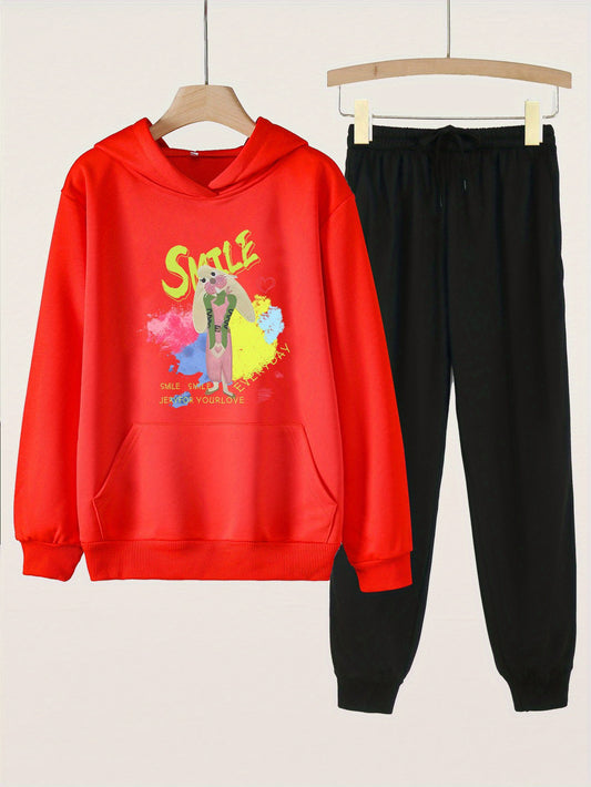 2pcs SMILE Print Girls Hoodie Kids Casual Long Sleeve Loose Hooded Sweatshirt