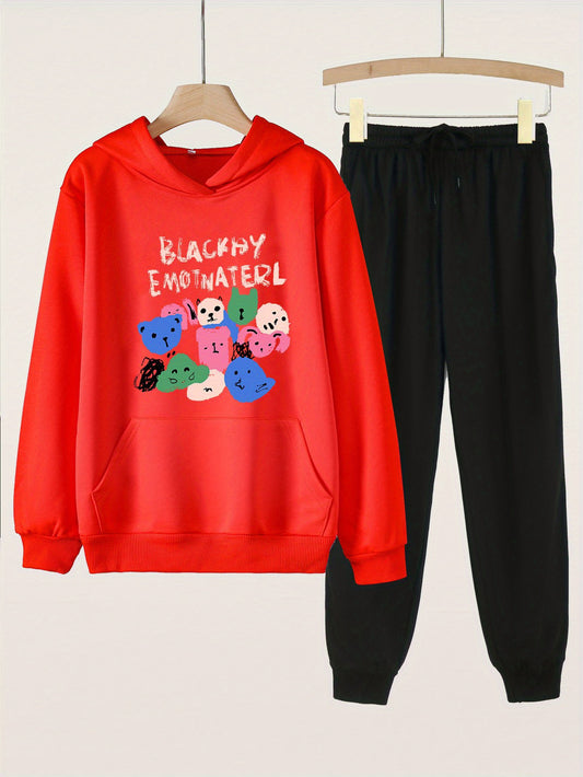 2pcs Girls Hoodie Kids Casual Long Sleeve Loose Sweatshirt & Solid Sweatp