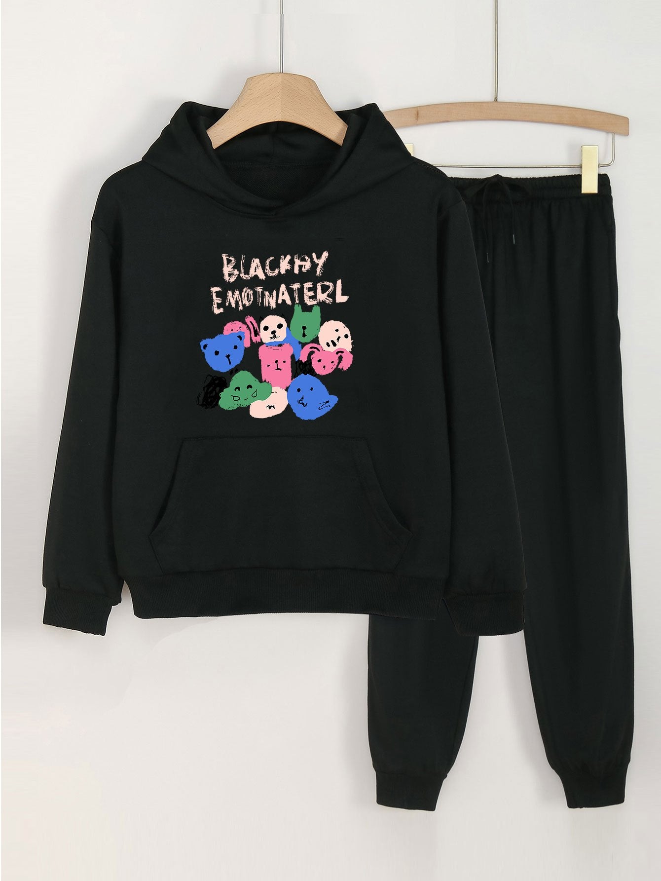 2pcs Girls Hoodie Kids Casual Long Sleeve Loose Sweatshirt & Solid Sweatp