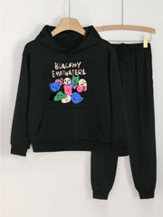 2pcs Girls Hoodie Kids Casual Long Sleeve Loose Sweatshirt & Solid Sweatp