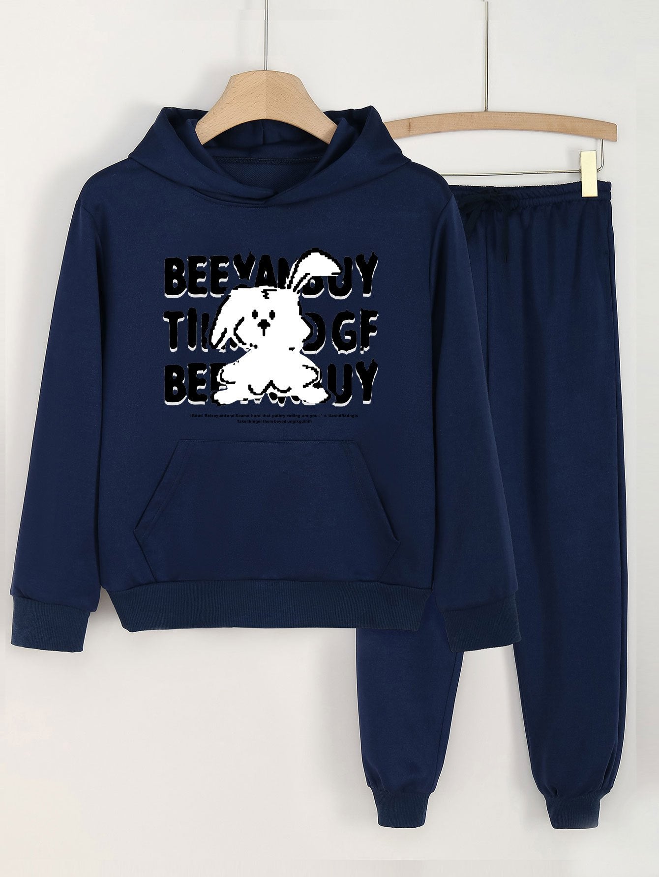 Cartoon Bunny Print Girls Hoodie & Sweatpants Set