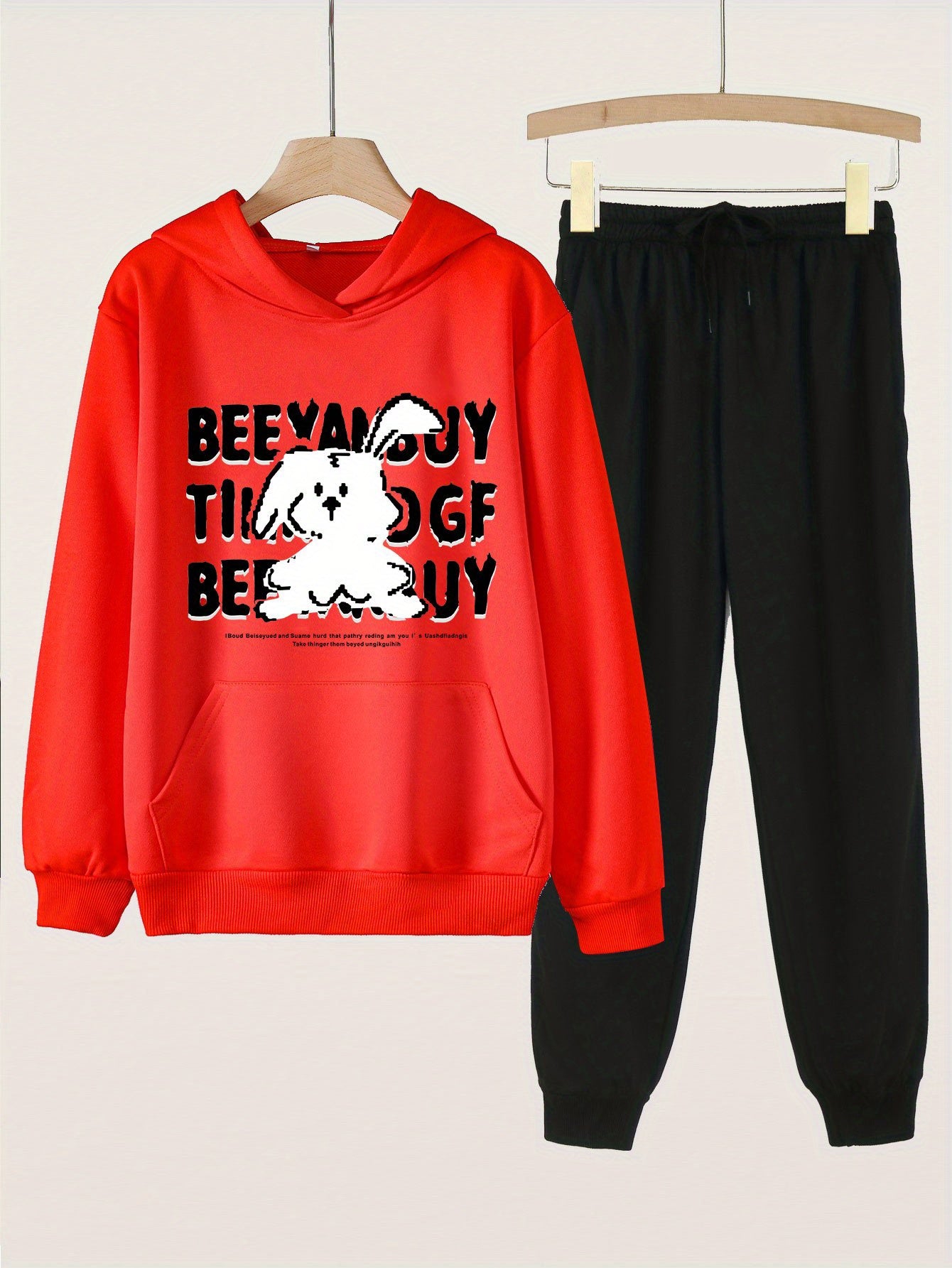 Cartoon Bunny Print Girls Hoodie & Sweatpants Set