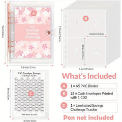 100 Envelopes Money Saving Challenge Binder with Tracker Sheet & Pockets