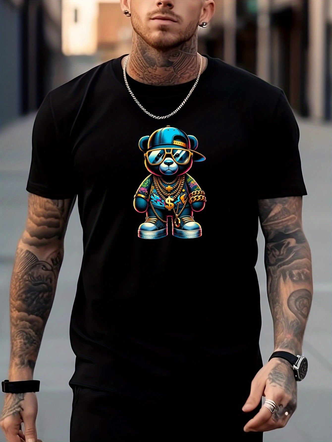 Men's Bear Pattern Shirt Casual Breathable Short Sleeve Tee Top