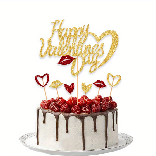 7pcs Glitter Sweet Love Cake Toppers Paper Insert Cake Picks Cake Decorations