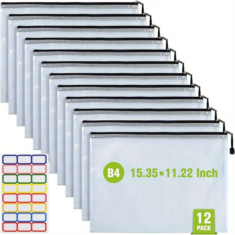 12pcs Waterproof Zip File Bags B4 Size Document Organizer