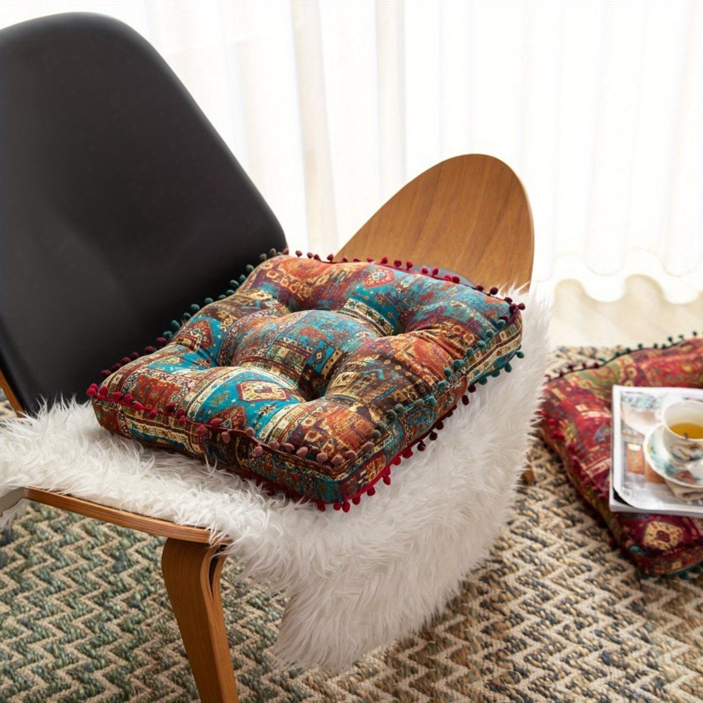 Ethnic Style Square Cushion for Home Bedroom Balcony Mat