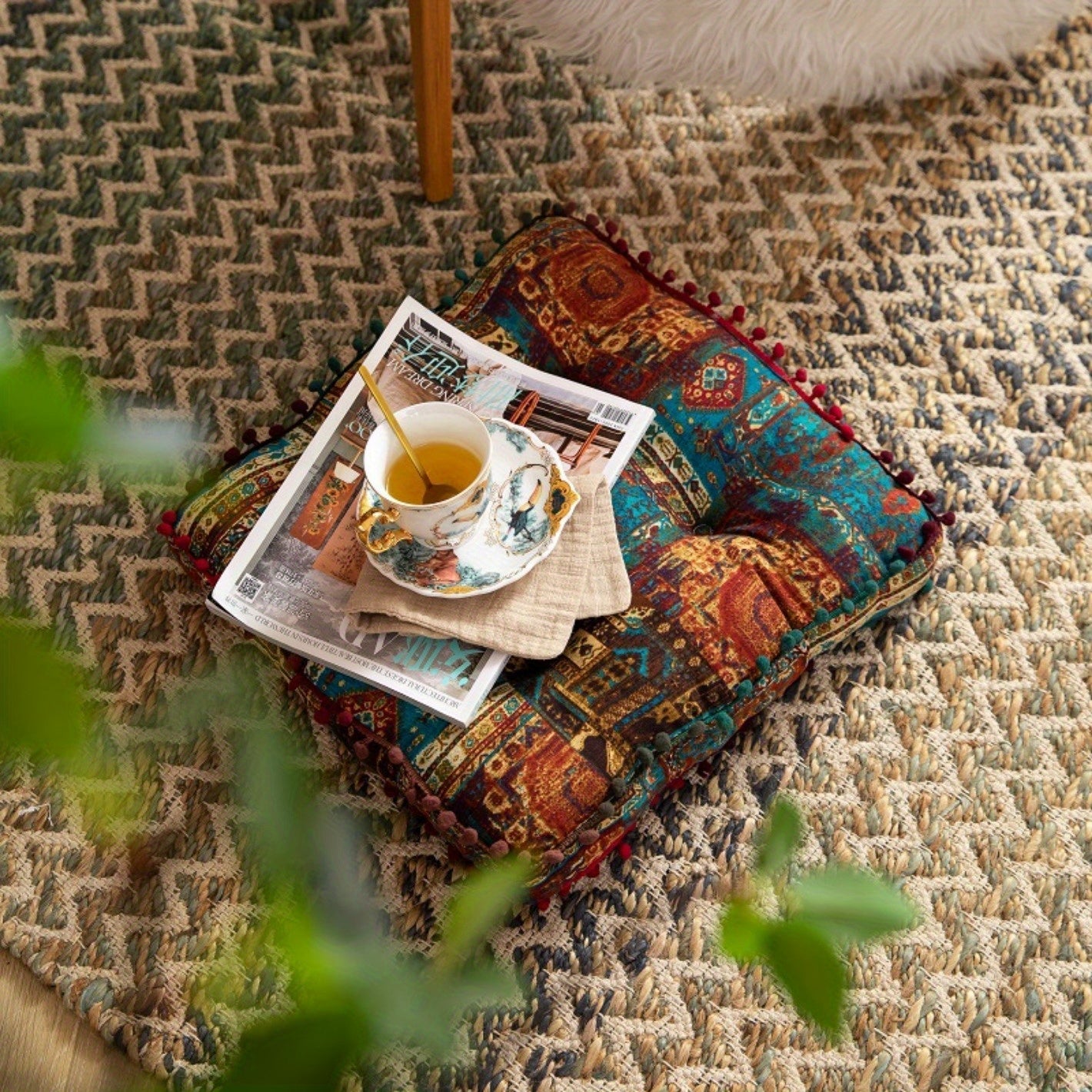 Ethnic Style Square Cushion for Home Bedroom Balcony Mat