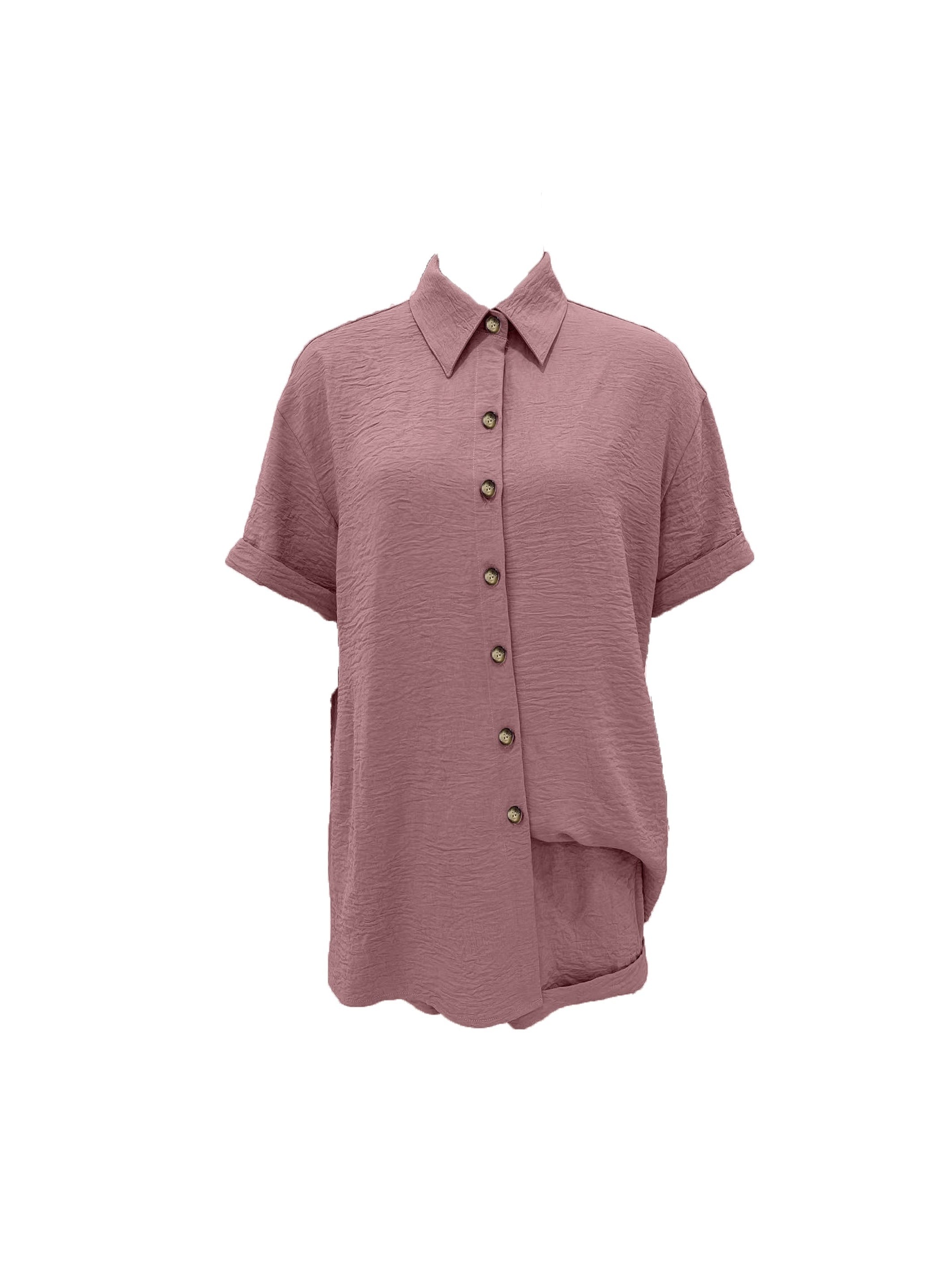 Casual Solid Two piece Set Button Front Blouse & Elastic Shorts Outfits